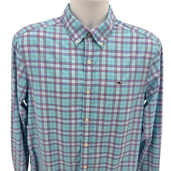 Vineyard Vines Mens Medium Shirt Performance Classic Fit Whale Plaid Blue Logo - Picture 2 of 6